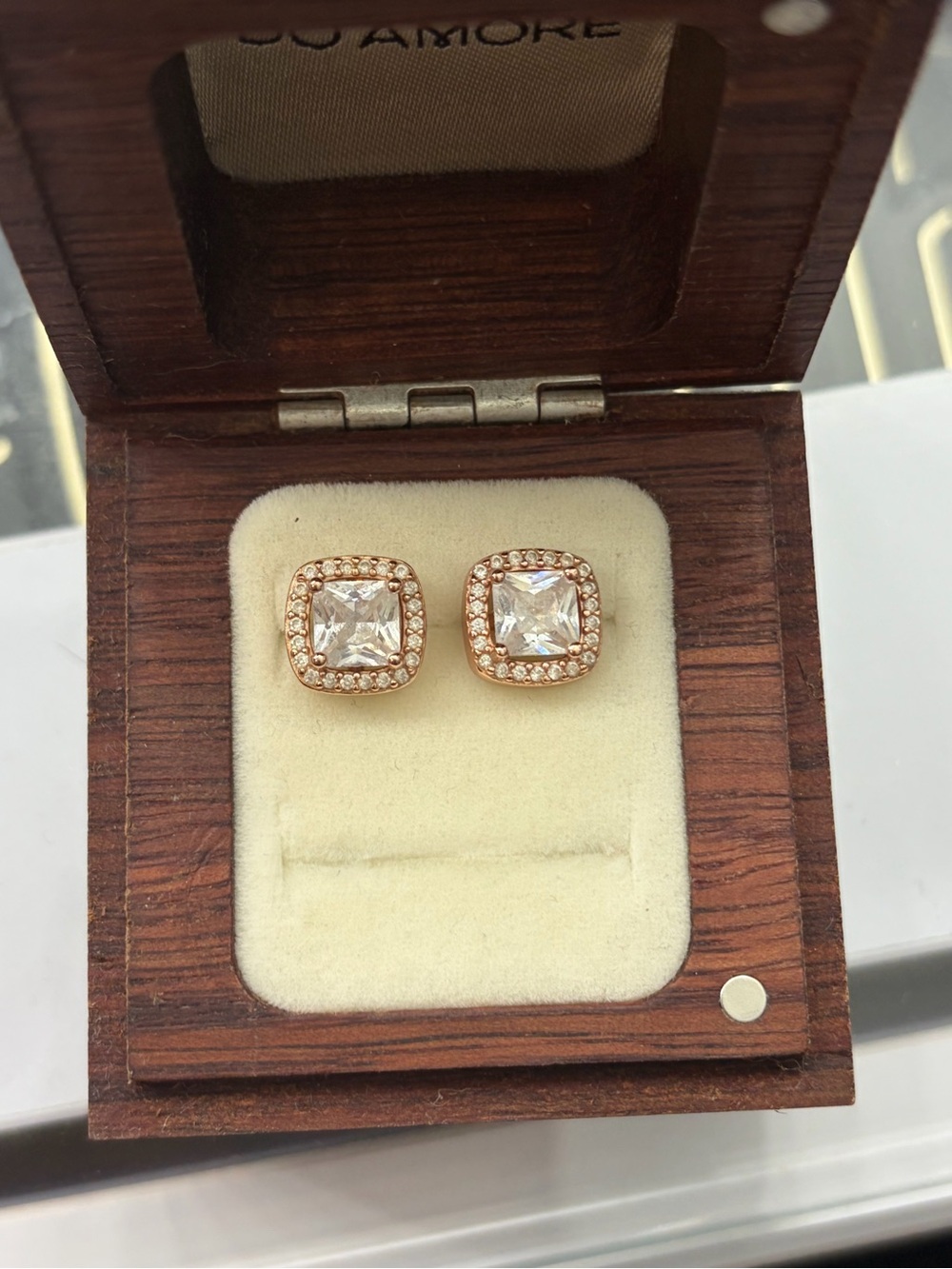 Pandora Rose Gold Square Halo Earrings with Clear Stones